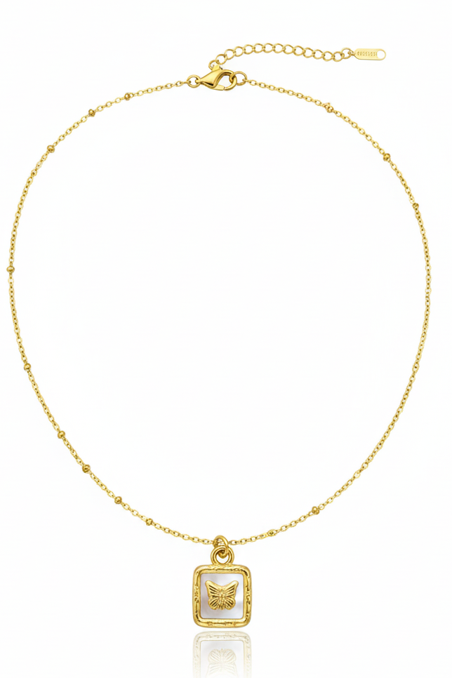 Butterfly Inlay Square Medallion Necklace