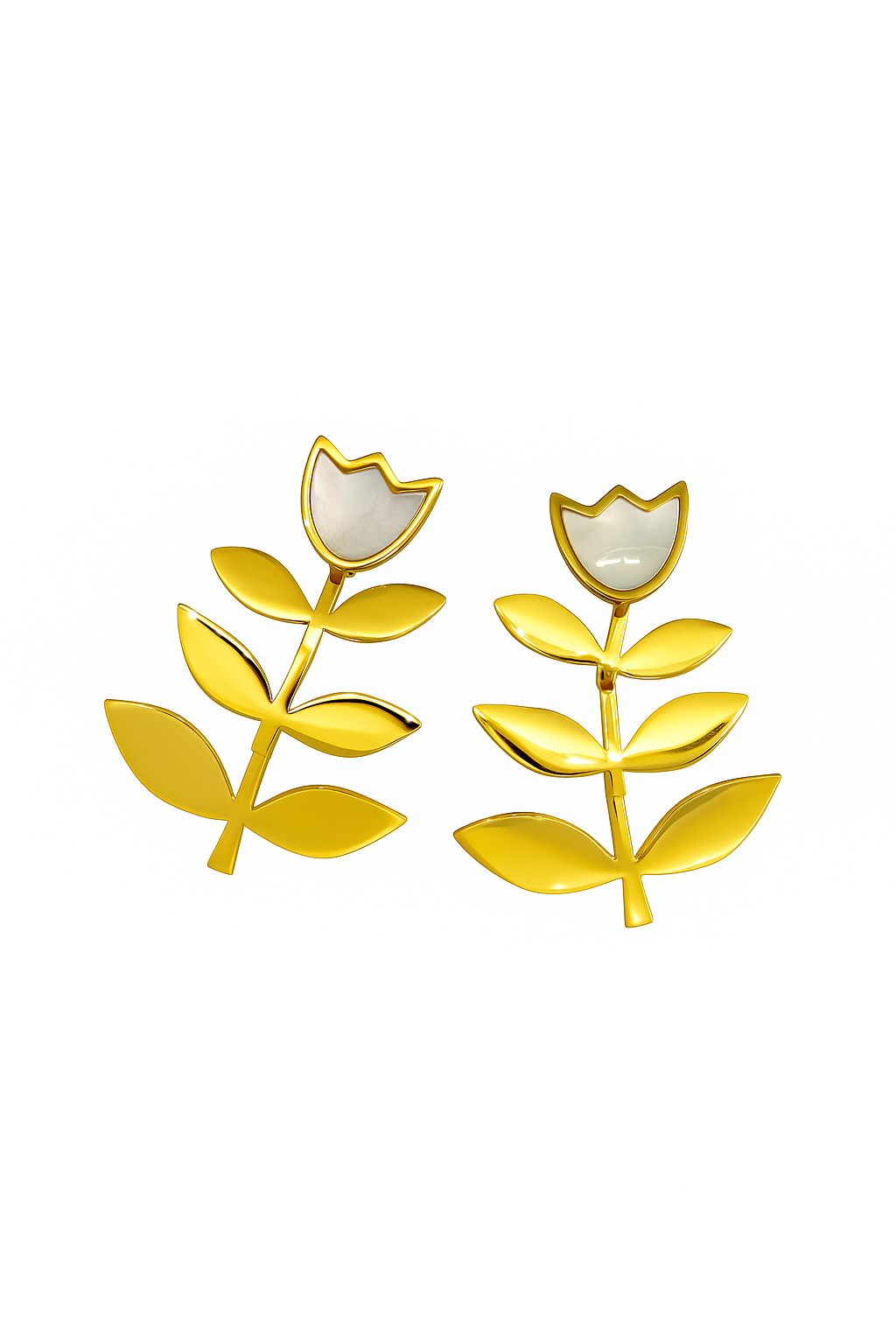 Gold tulip flower stud earrings with white enamel bloom and leaf design on white background