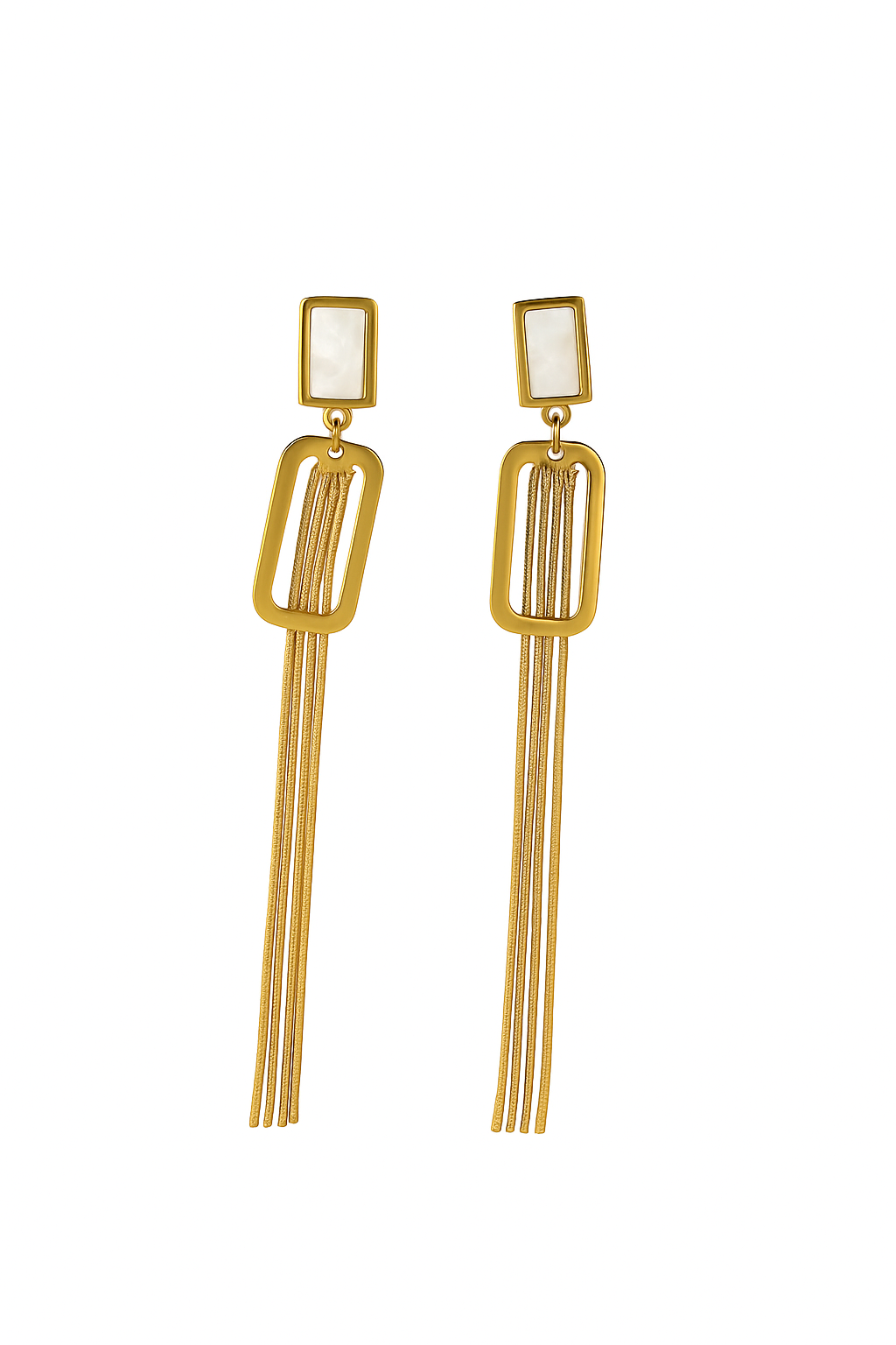 Gold geometric tassel drop earrings with white enamel accents and chain fringe on white background