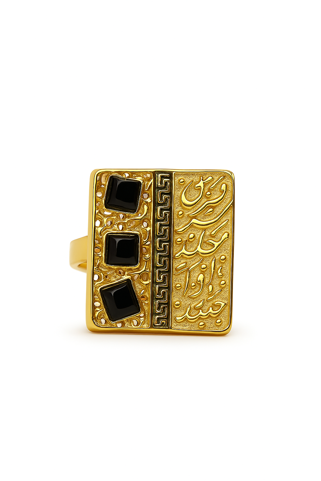 Gold Arabic calligraphy ring with black onyx stones and  pattern on white background