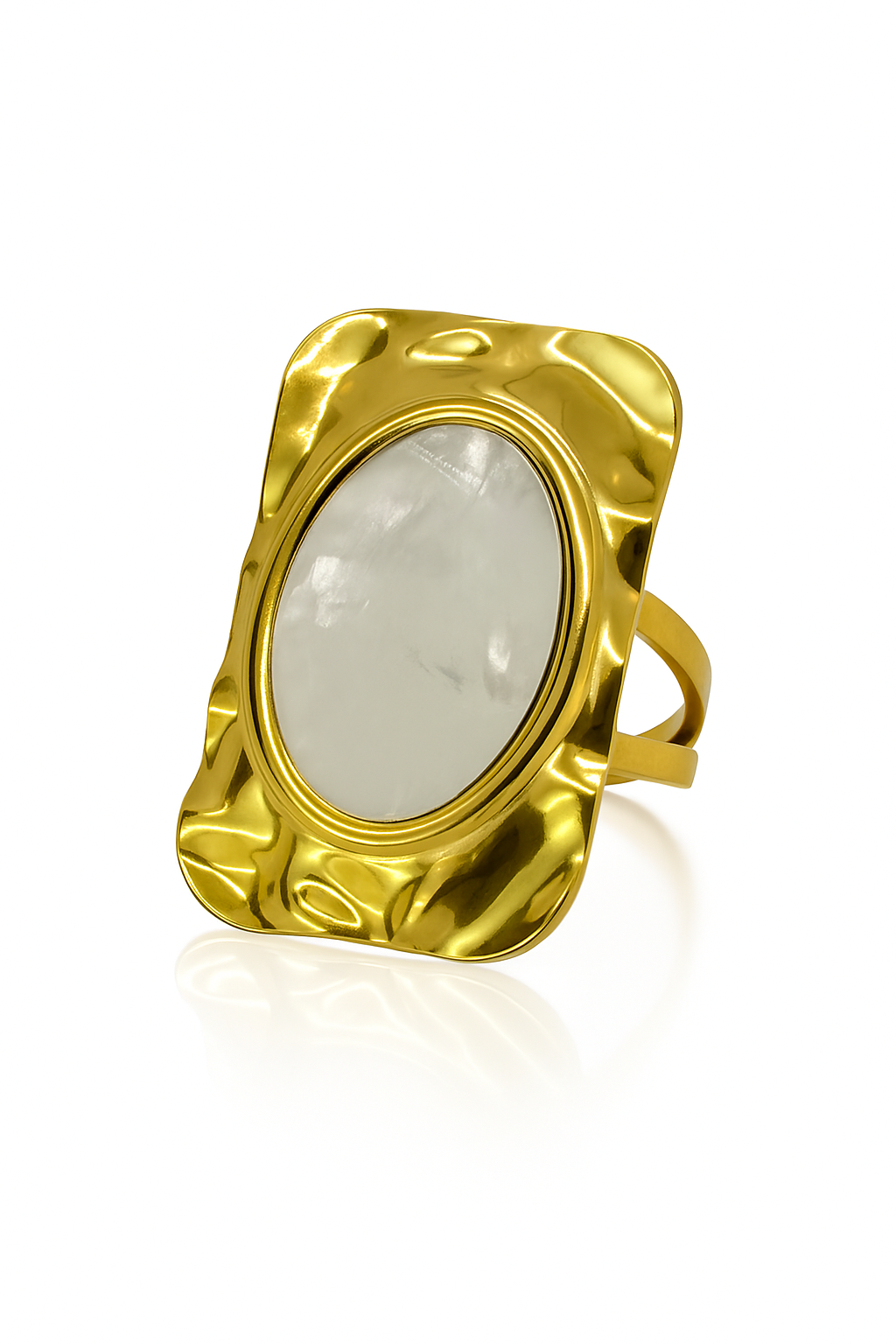 Gold hammered texture statement ring with oval mother of pearl stone on white background