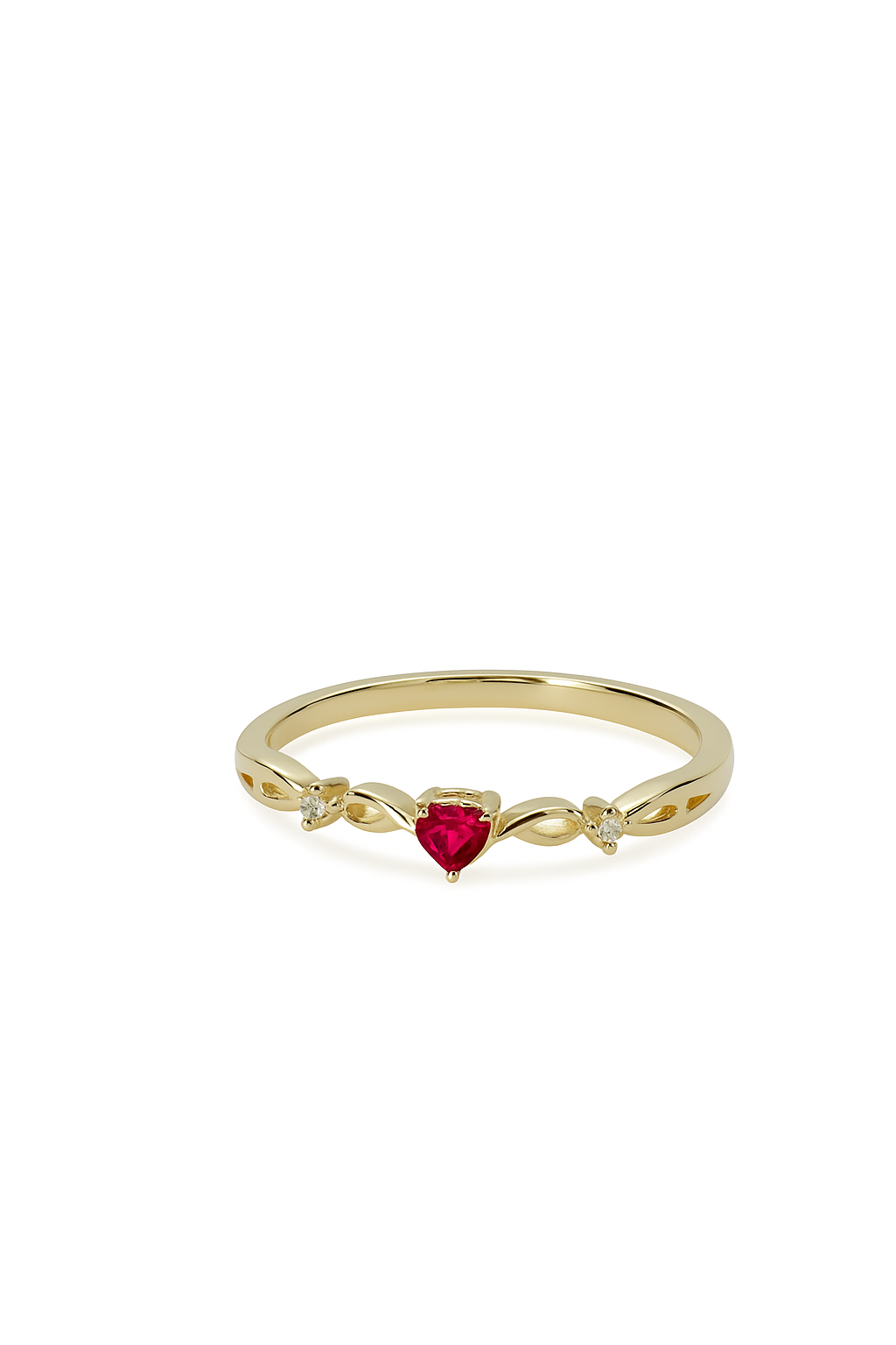 Gold ruby ring with diamond accents and infinity design on white background