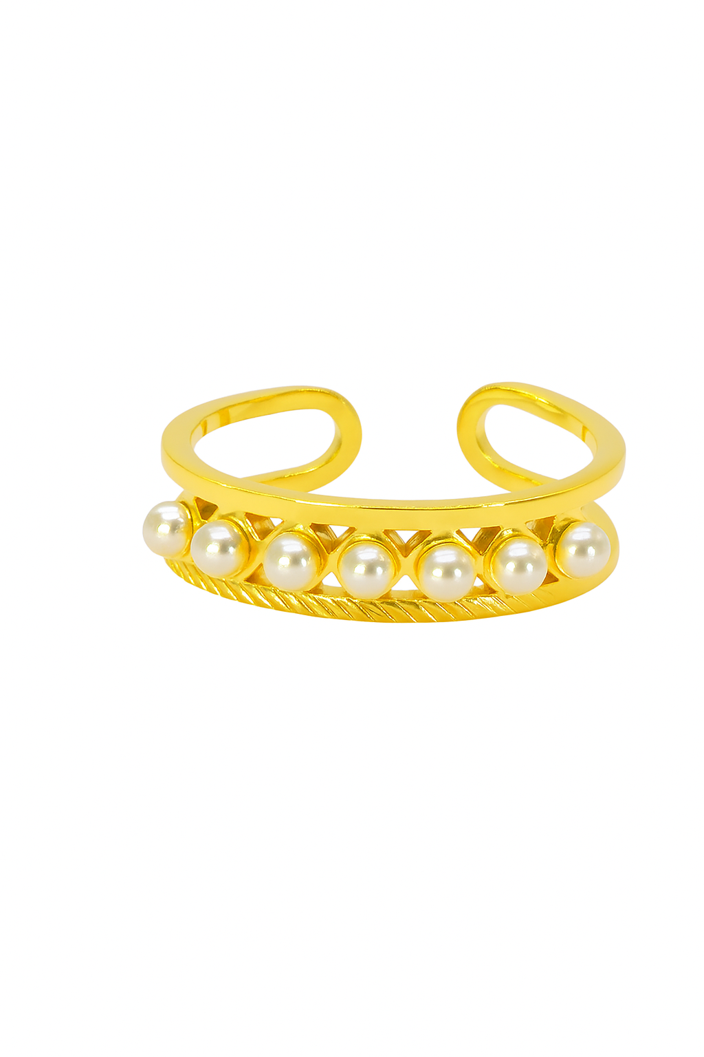 Gold pearl open cuff ring with textured band and six pearls on white background