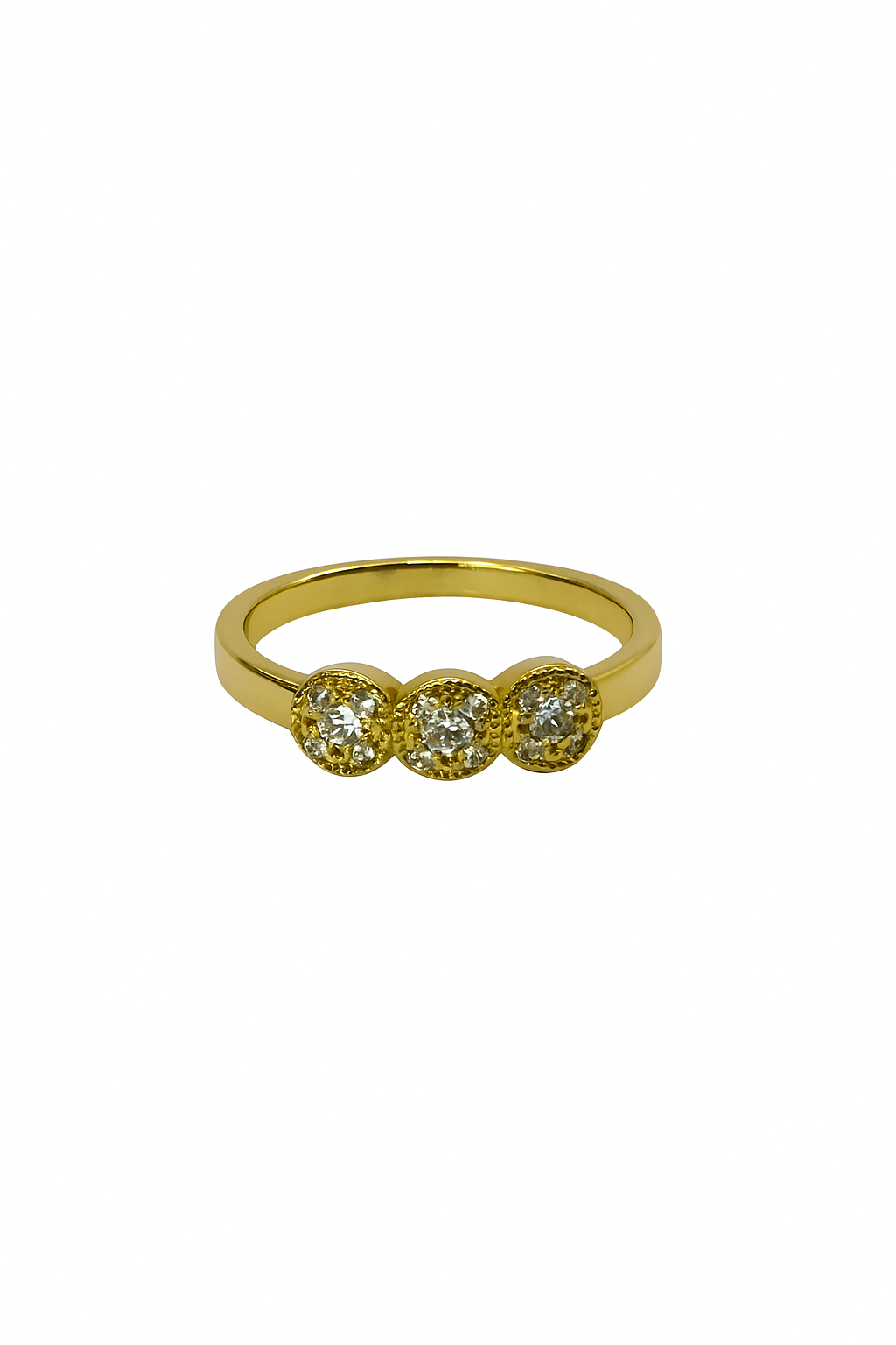 Gold three-stone diamond ring with milgrain detail on white background