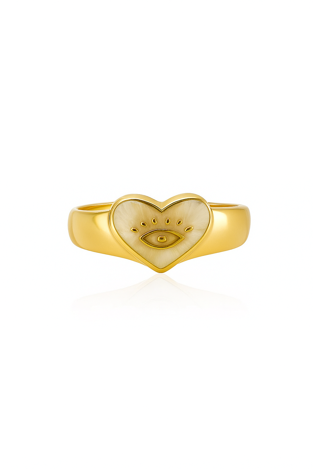 Gold heart evil eye ring with engraved protection symbol on white background