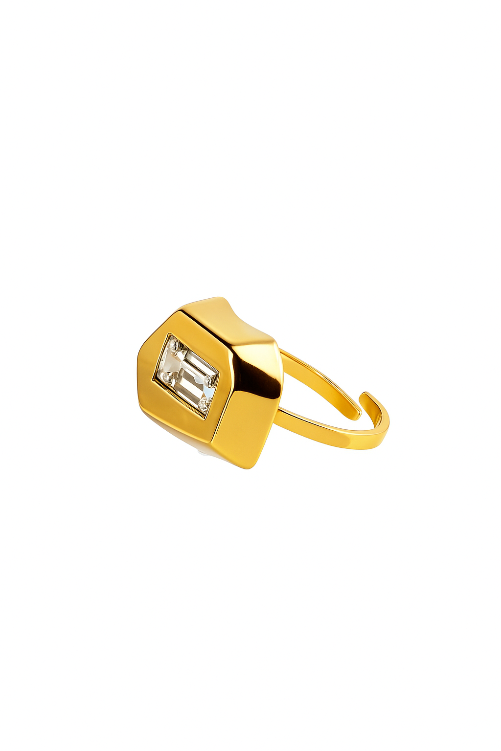 Gold hexagon statement ring with rectangular crystal stone on white background
