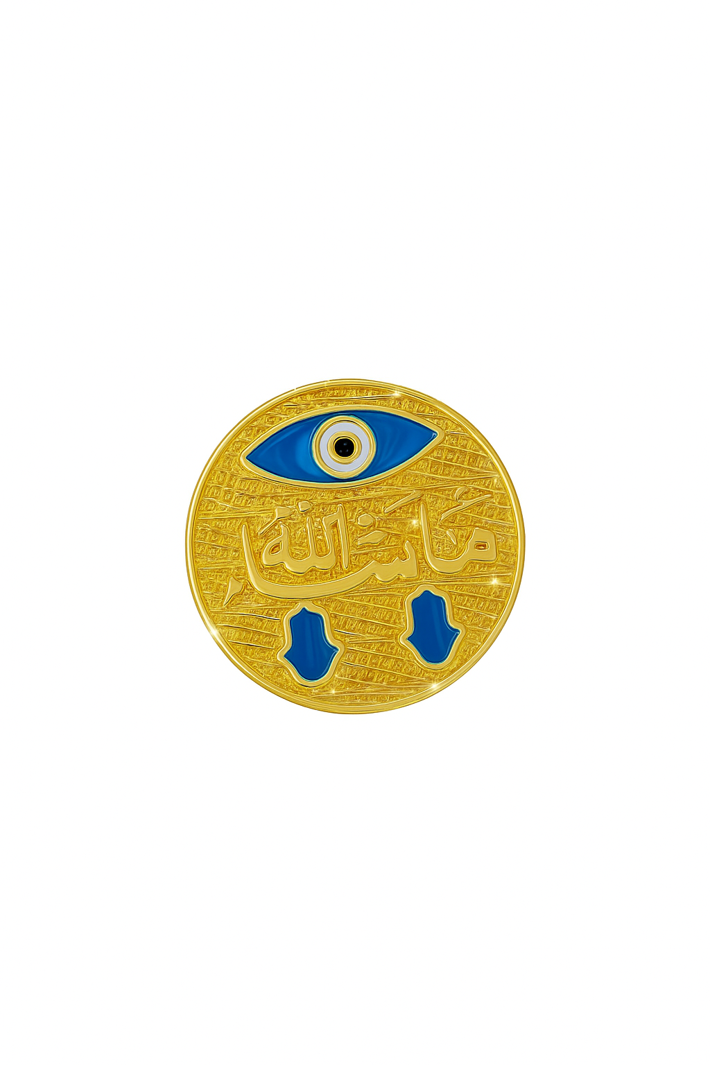 Gold Arabic calligraphyring with blue evil eye and hamsa hand enamel on white background
