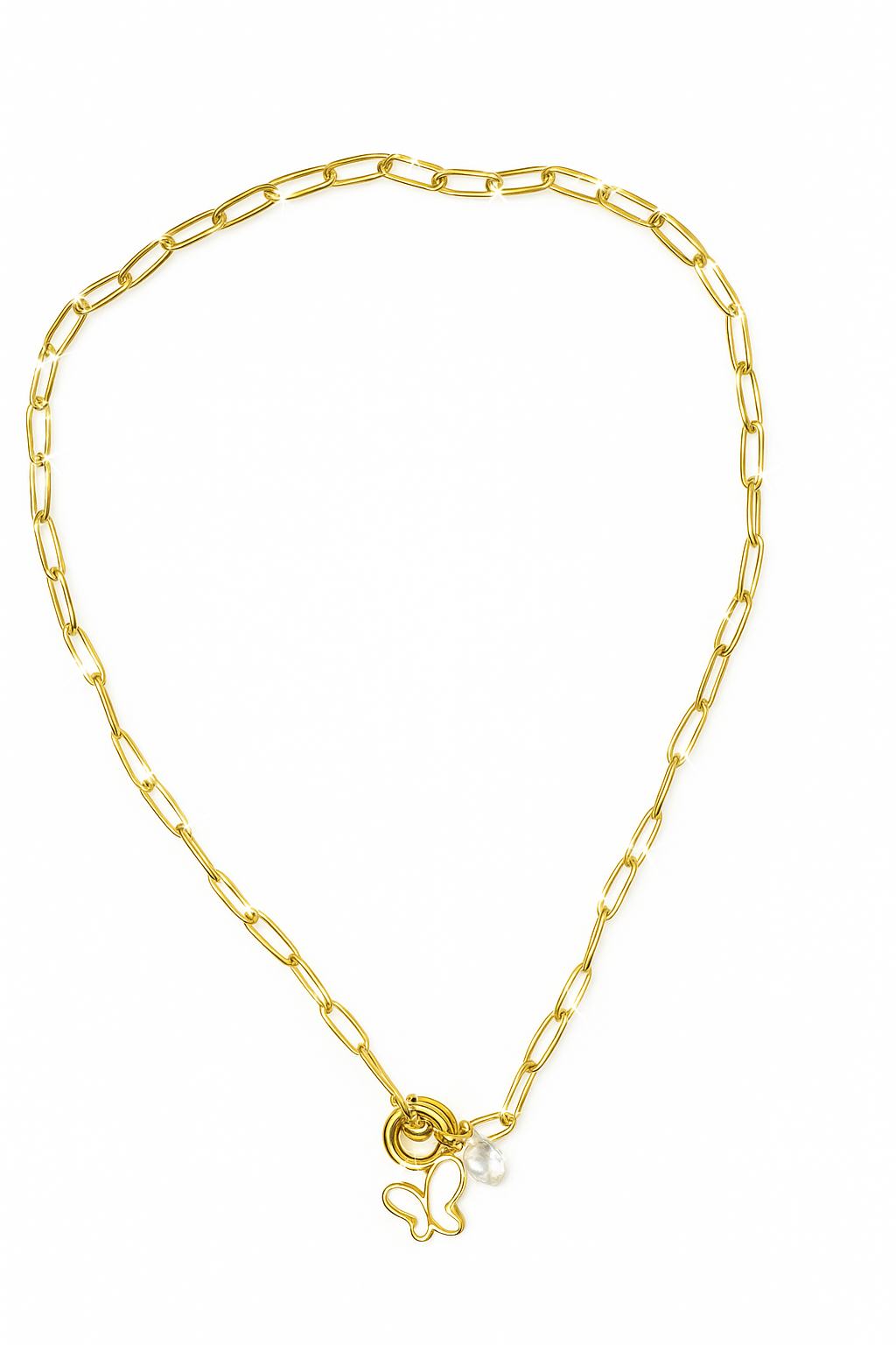 Gold Paperclip Chain Necklace with Butterfly and Pearl Charm