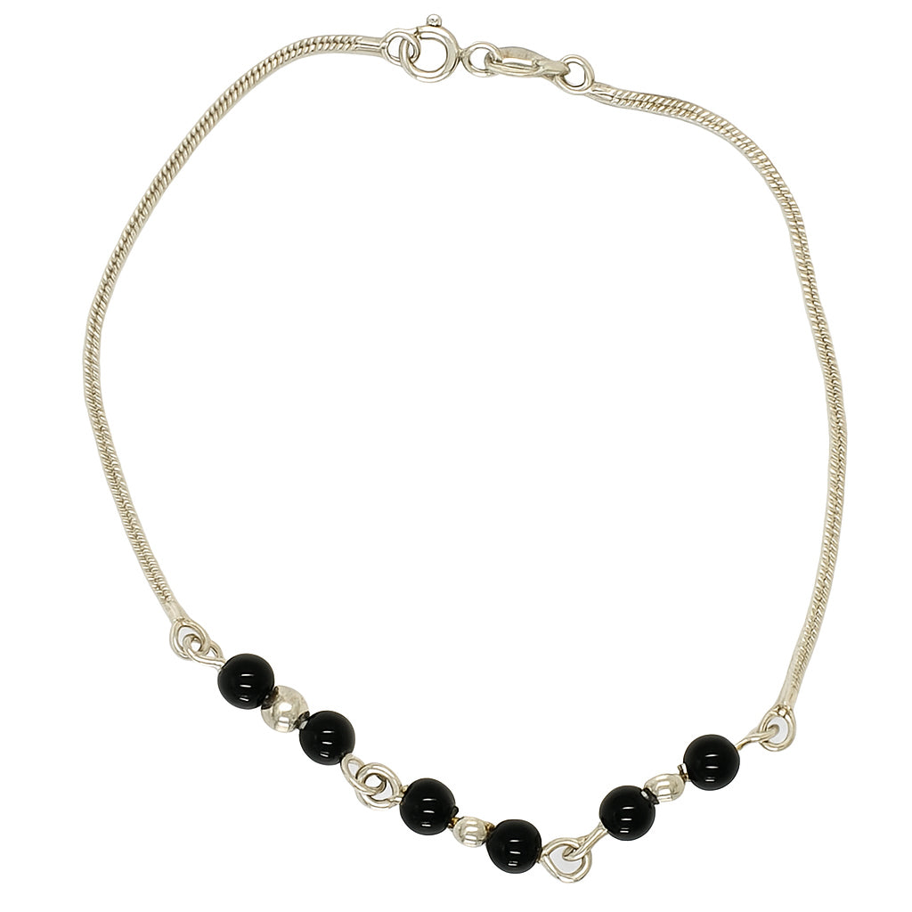 Silver Chain Bracelet with Black Onyx Beads