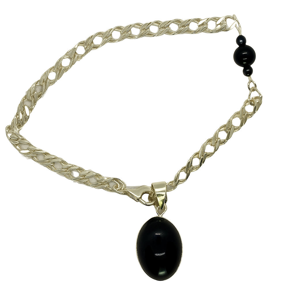 Silver  Chain Bracelet with Black Onyx Oval Pendant