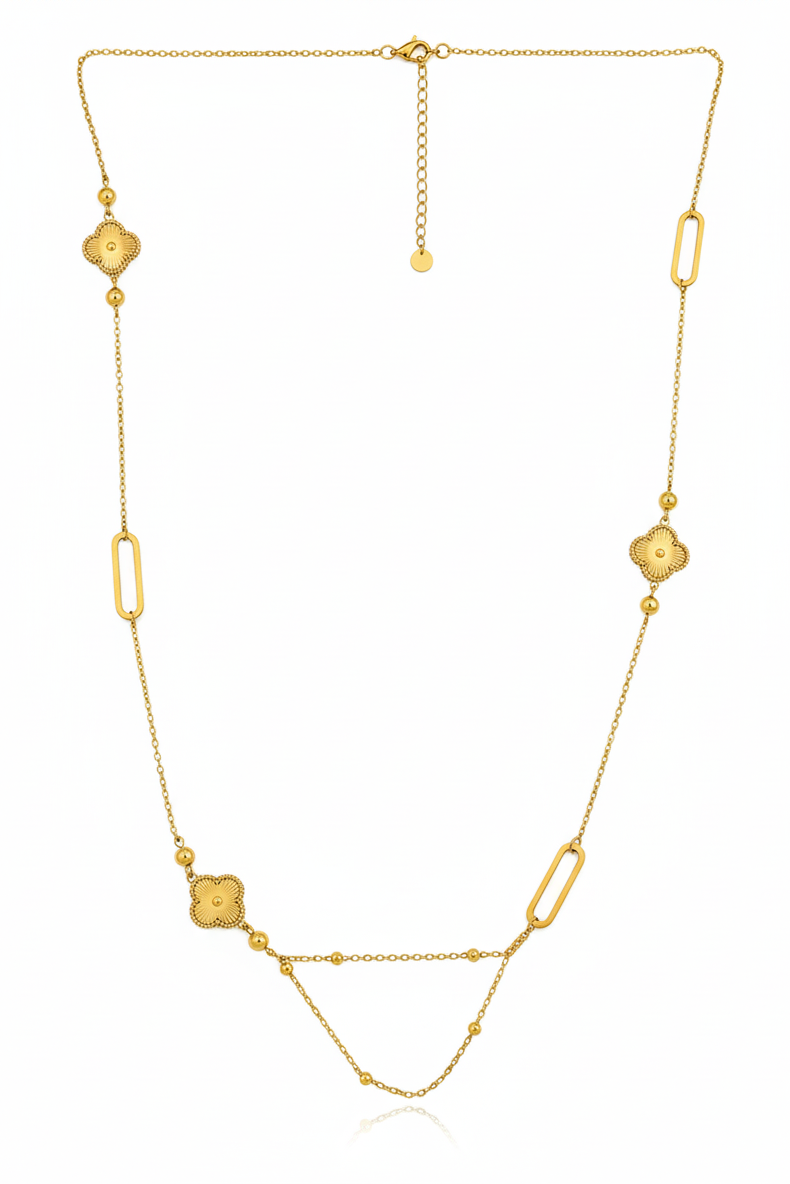 Ribbed Clover & Link Long Necklace