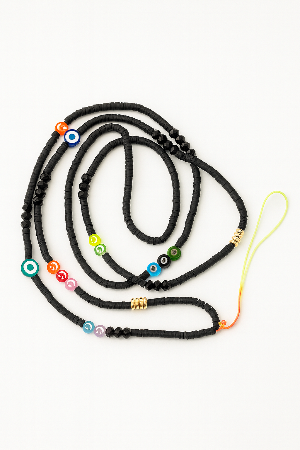 Handmade Black Phone Chain with Colorful Evil Eye Beads
