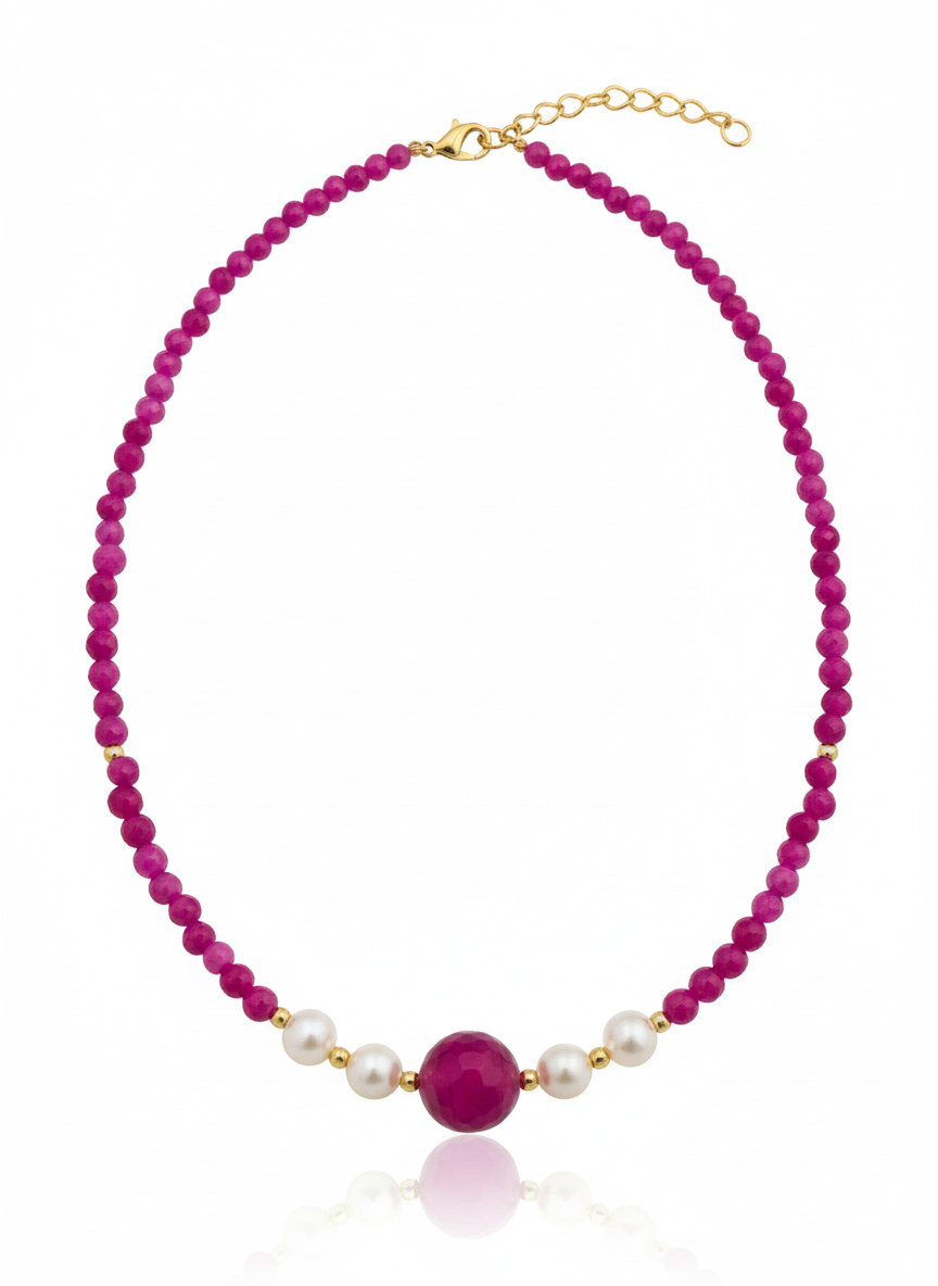 Handmade Fuchsia Agate & Pearl Choker Necklace