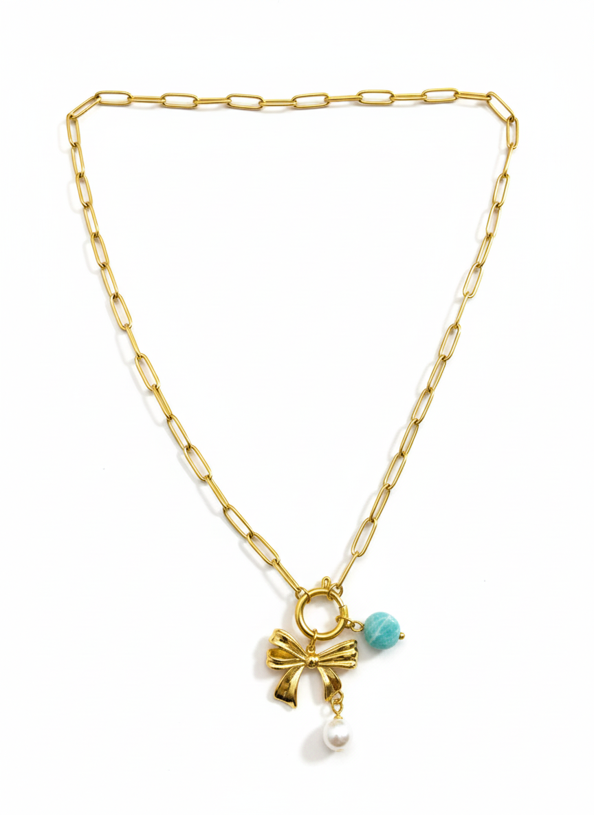 Bow & Teal Charm Necklace