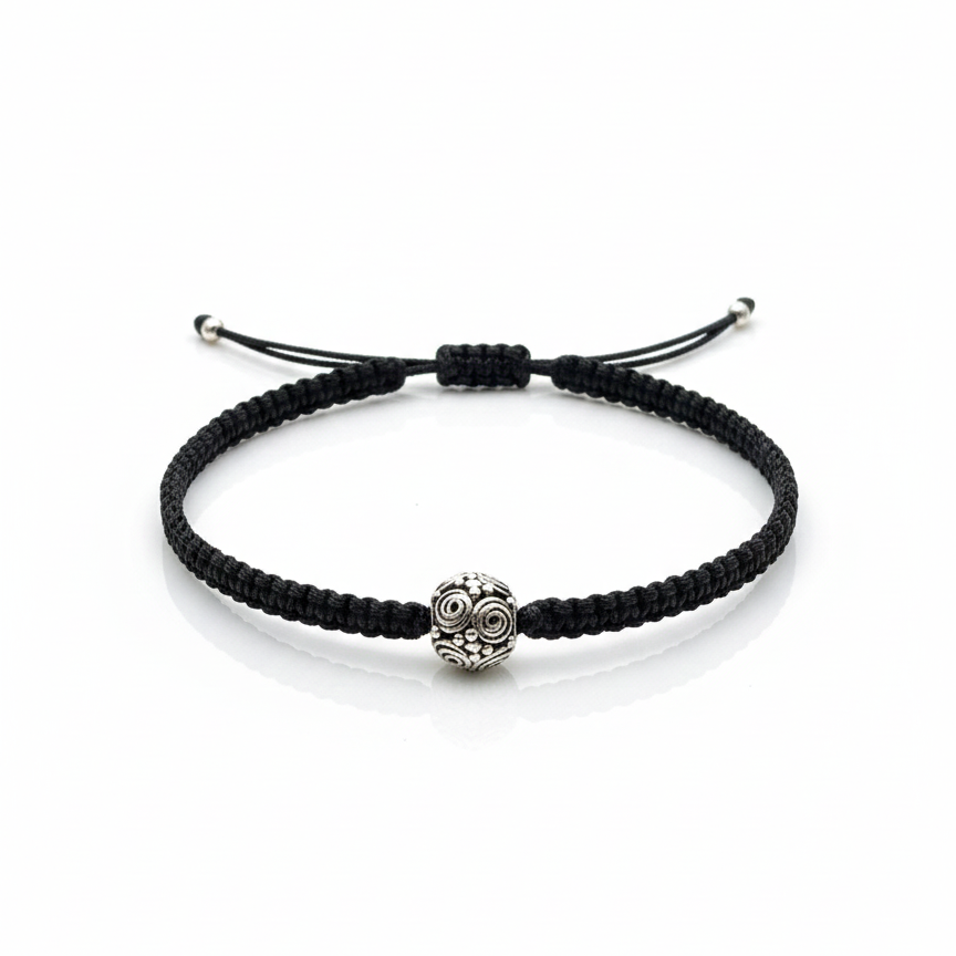 Adjustable Black Cord and Silver Charm Bracelet
