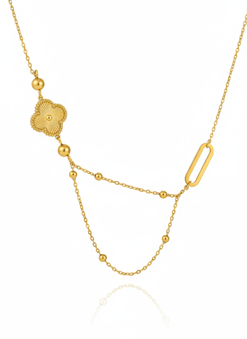 Ribbed Clover & Link Long Necklace