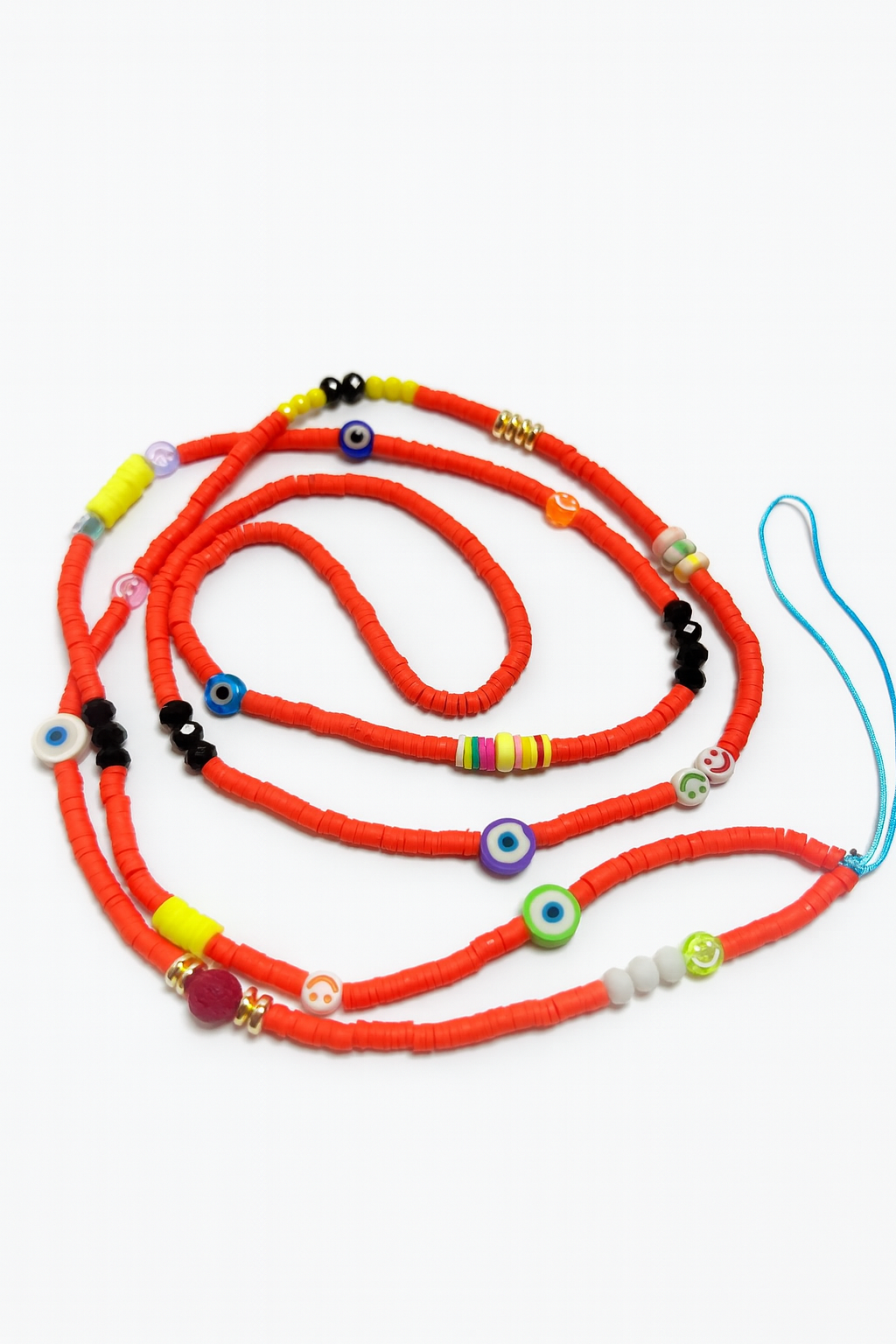 Handcrafted Coral Phone Chain with Evil Eye & Smiley Beads