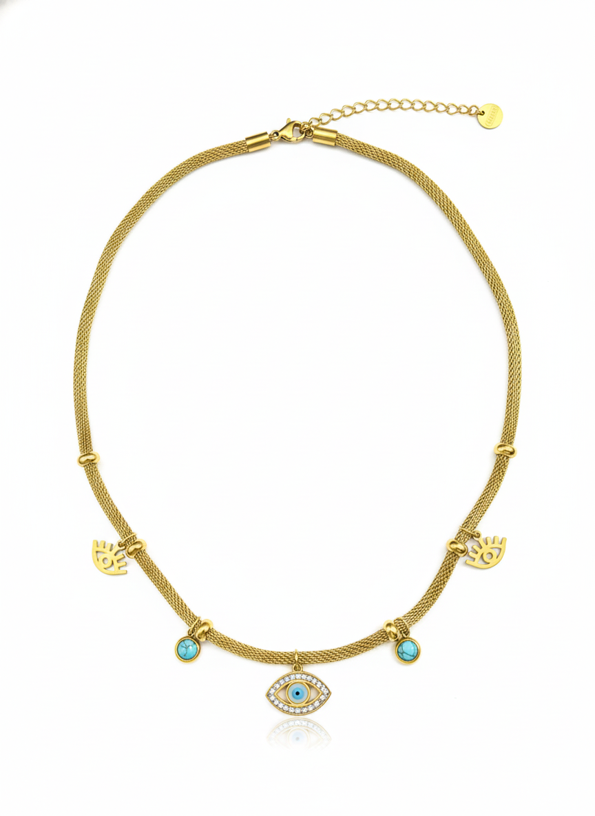 Turquoise Evil Eye Mesh Station Choker Necklace