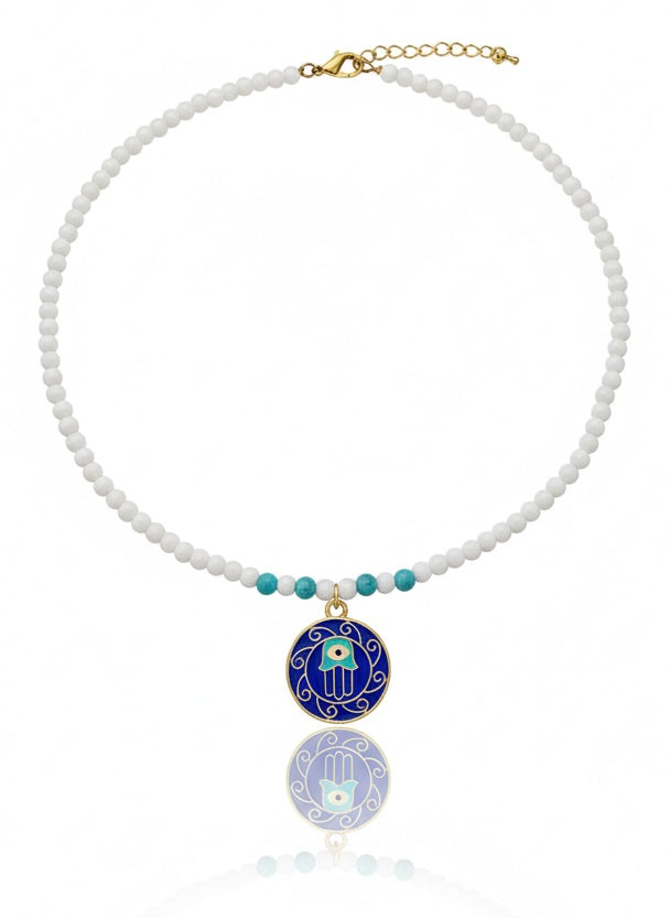 Handmade Opaline Hamsa Medallion Choker Necklace