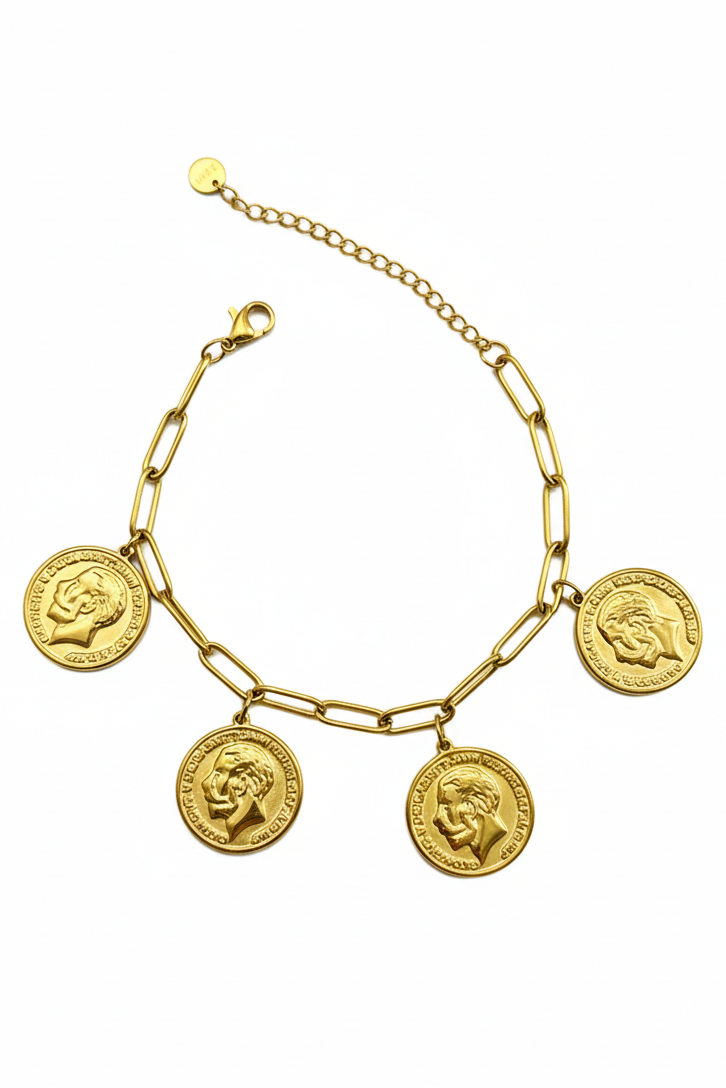 Gold bracelet with coin charms on a white background