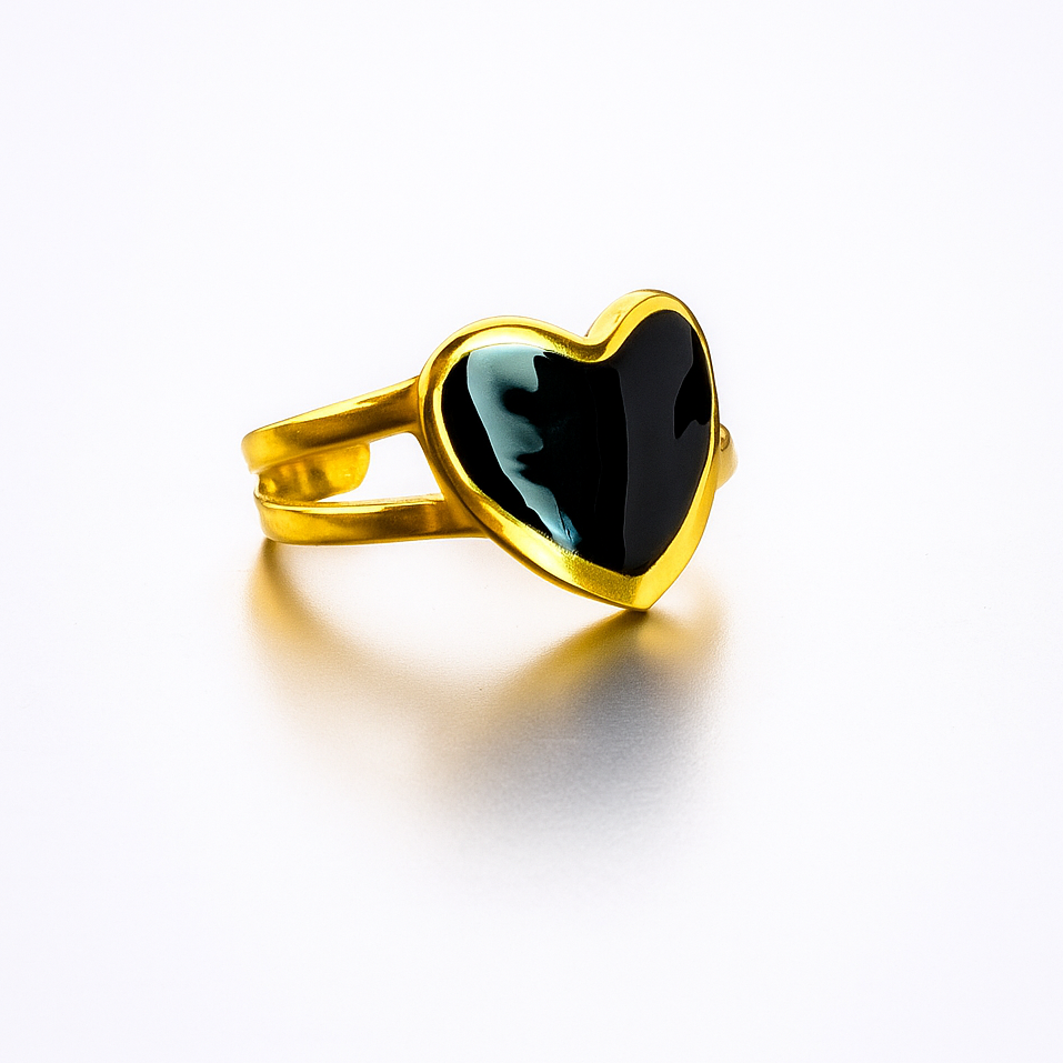 Gold Heart Ring with Black Accent