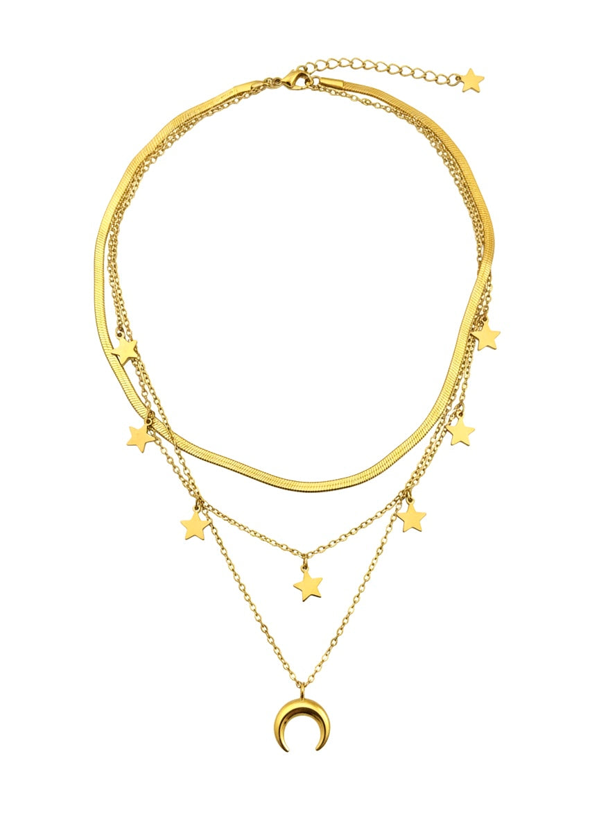 Triple-Layered Gold Star & Moon Necklace