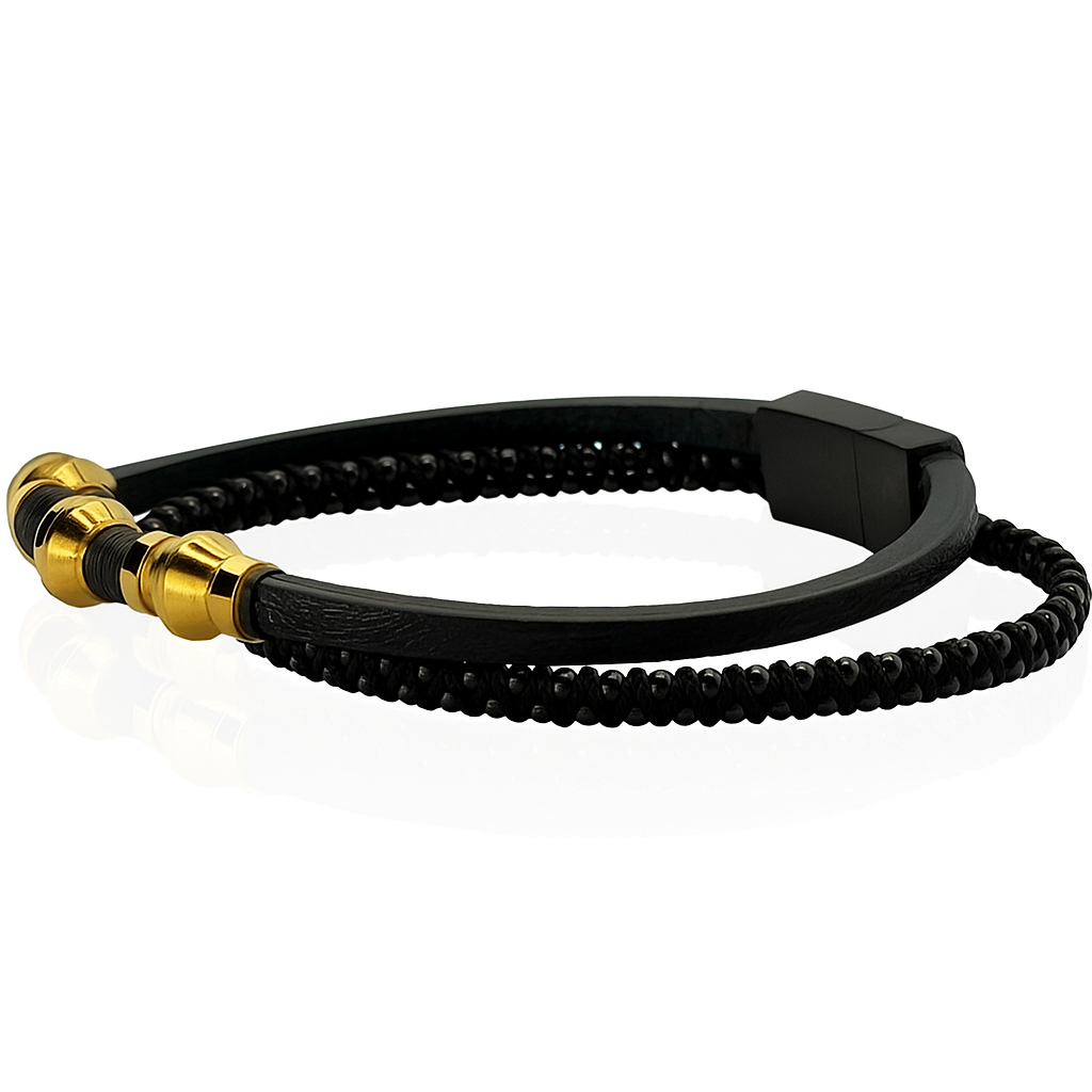 Black and Gold Leather Bracelet