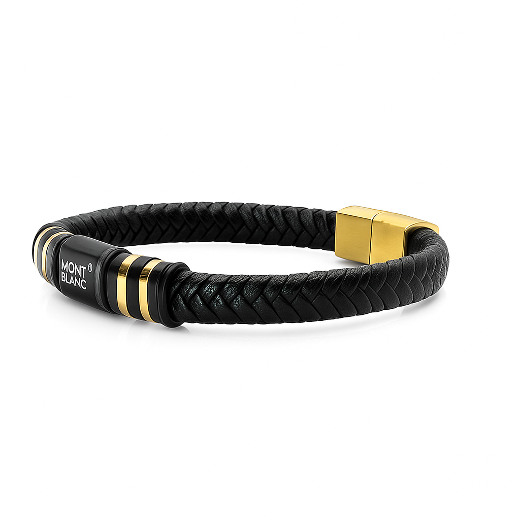 Mont Blanc Black and Gold Braided Leather Bracelet