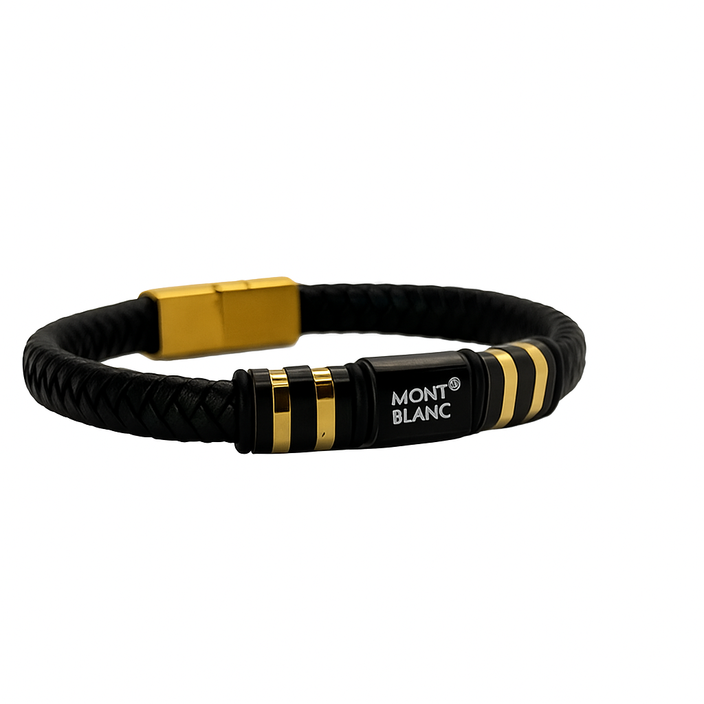 Mont Blanc Black and Gold Braided Leather Bracelet