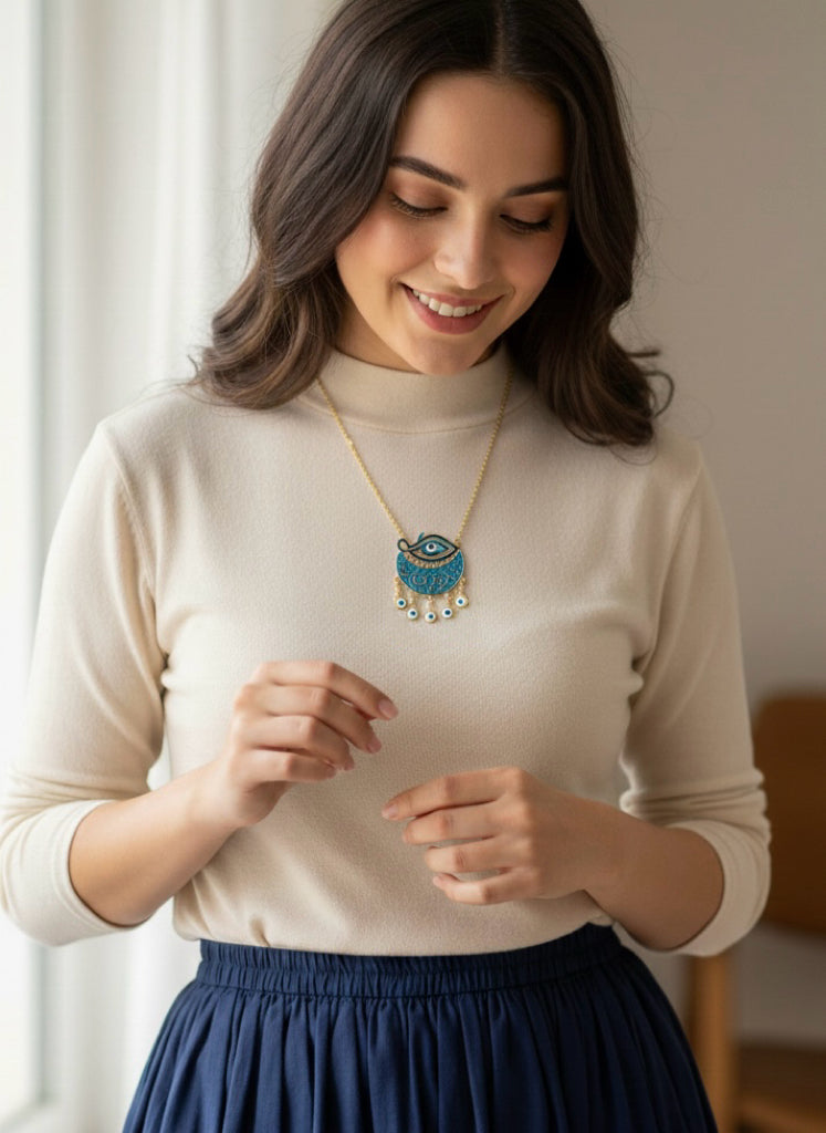 Gold-Plated Calligraphy & Evil Eye Necklace