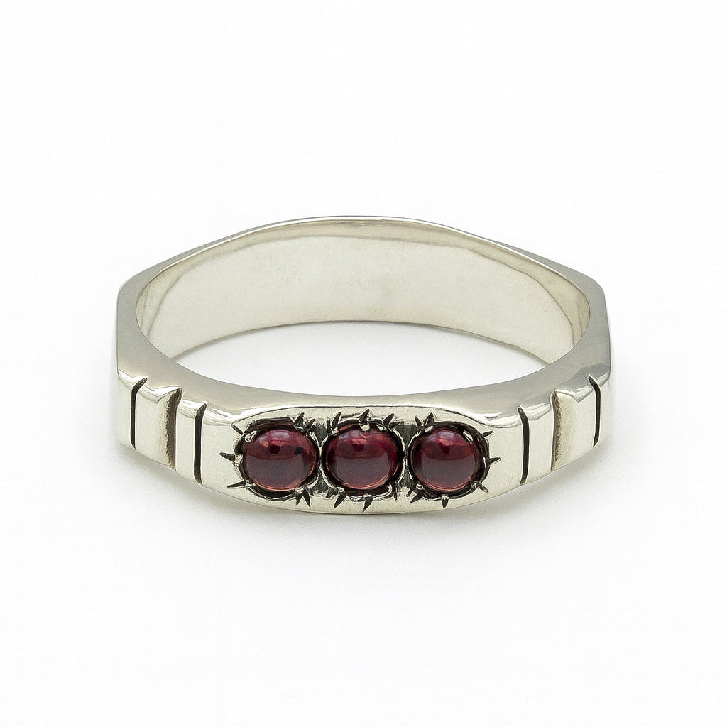 Grooved Silver Ring with Triple Ruby Stones