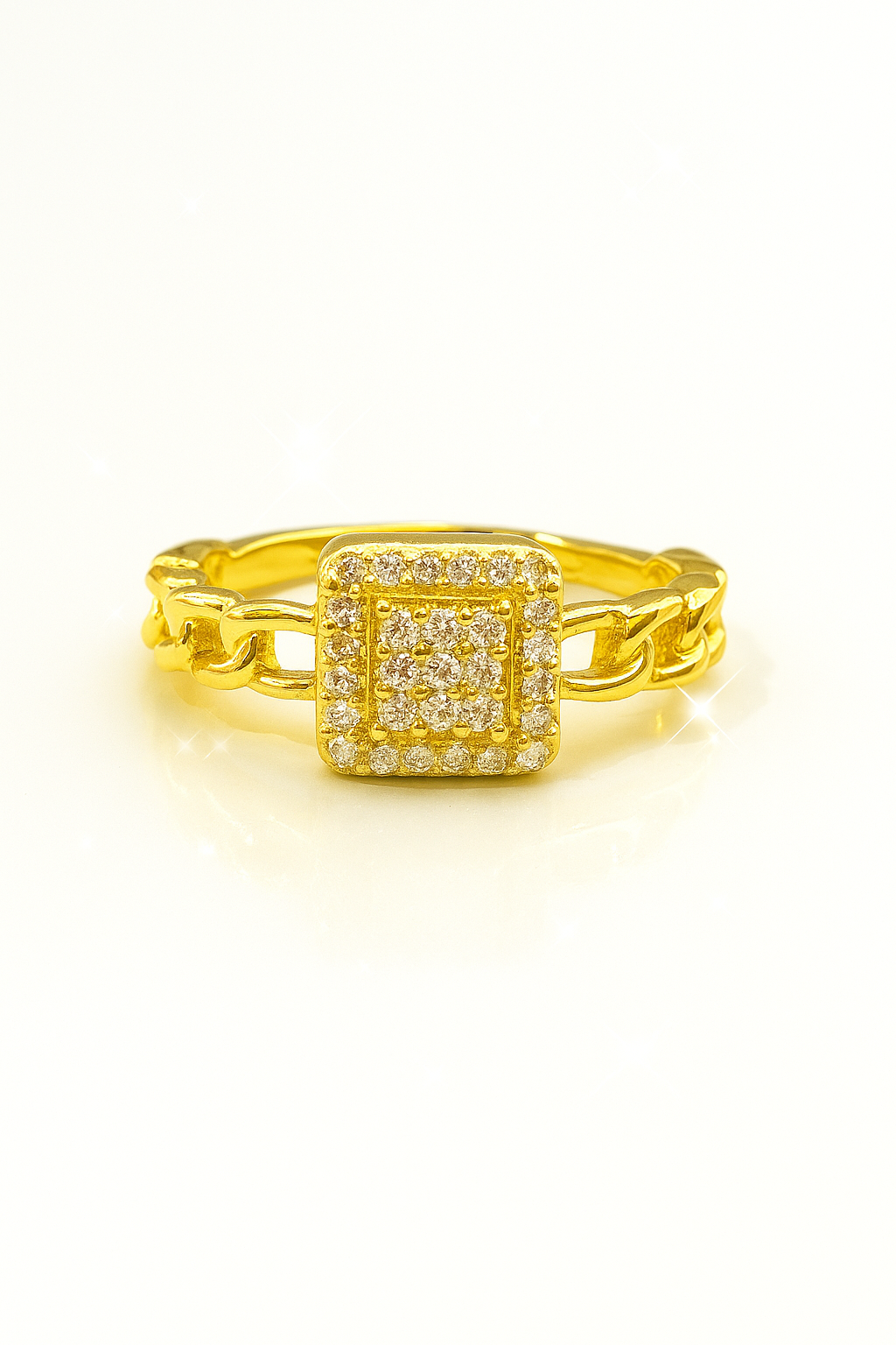 Gold Chain Square Ring with Diamonds