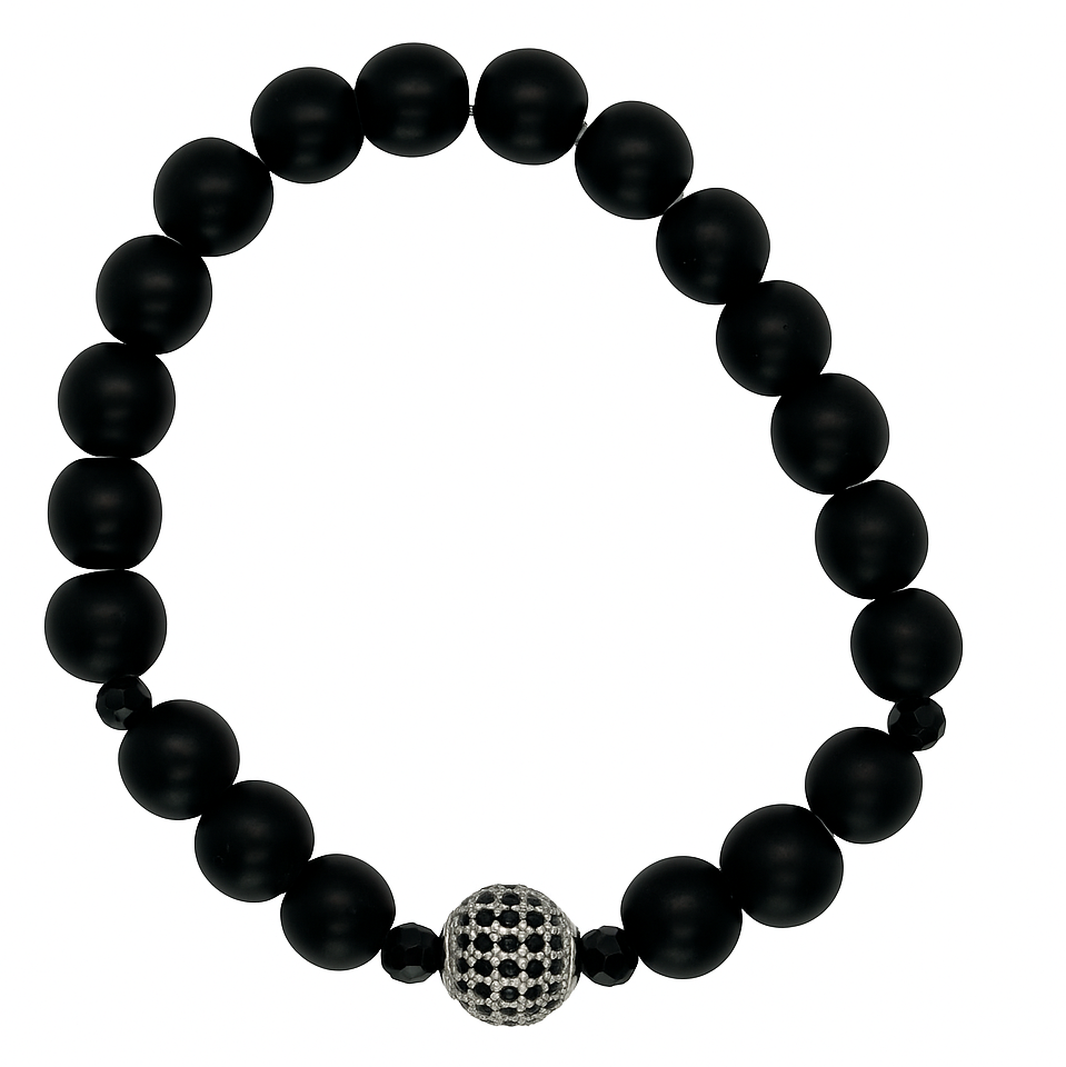 Handmade Black Beaded Bracelet with Silver Accent