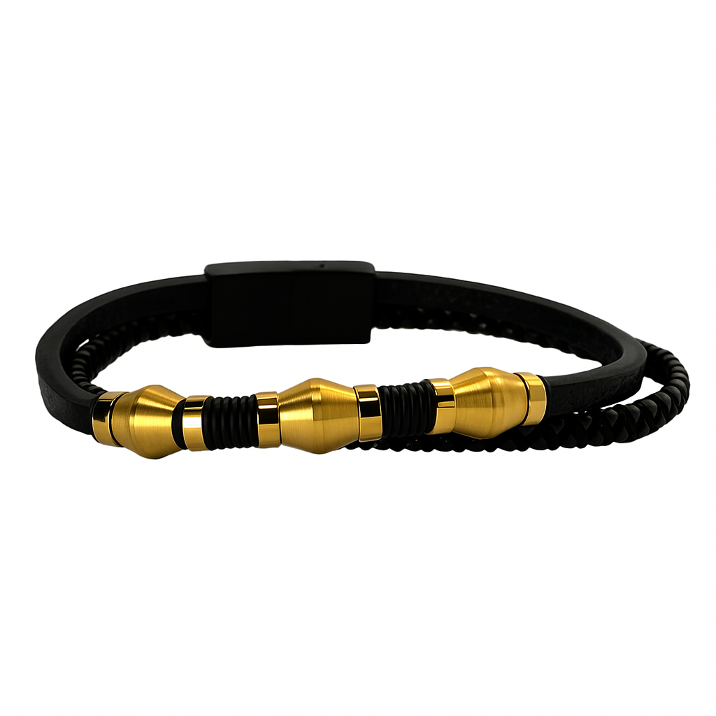 Black and Gold Leather Bracelet
