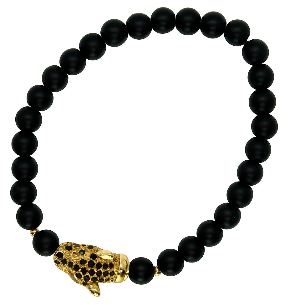 Handmade Black Beaded Bracelet with Golden Leopard Charm