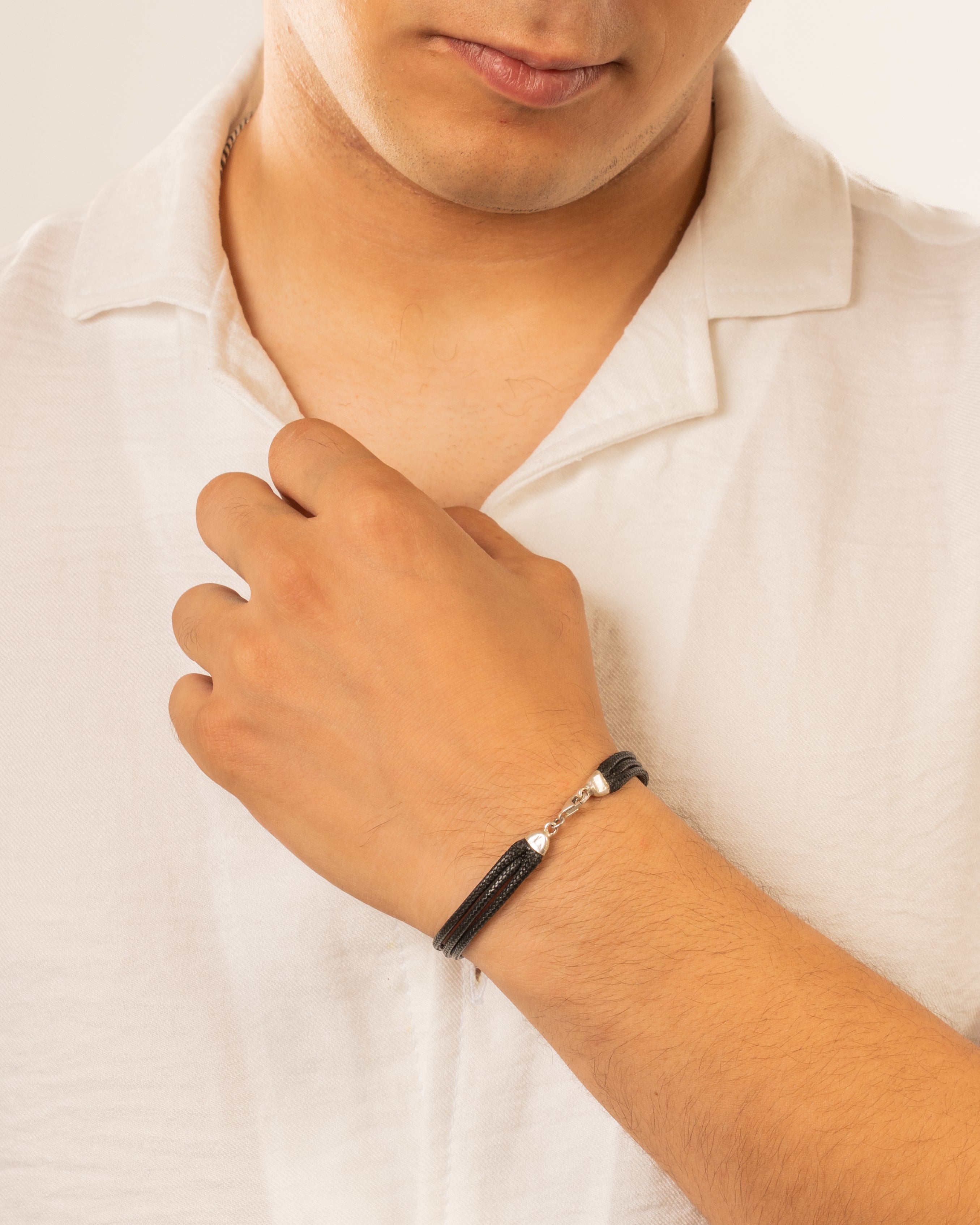 Braided Leather Bracelet (3 layers) with Silver (925) Clasp - Image 3