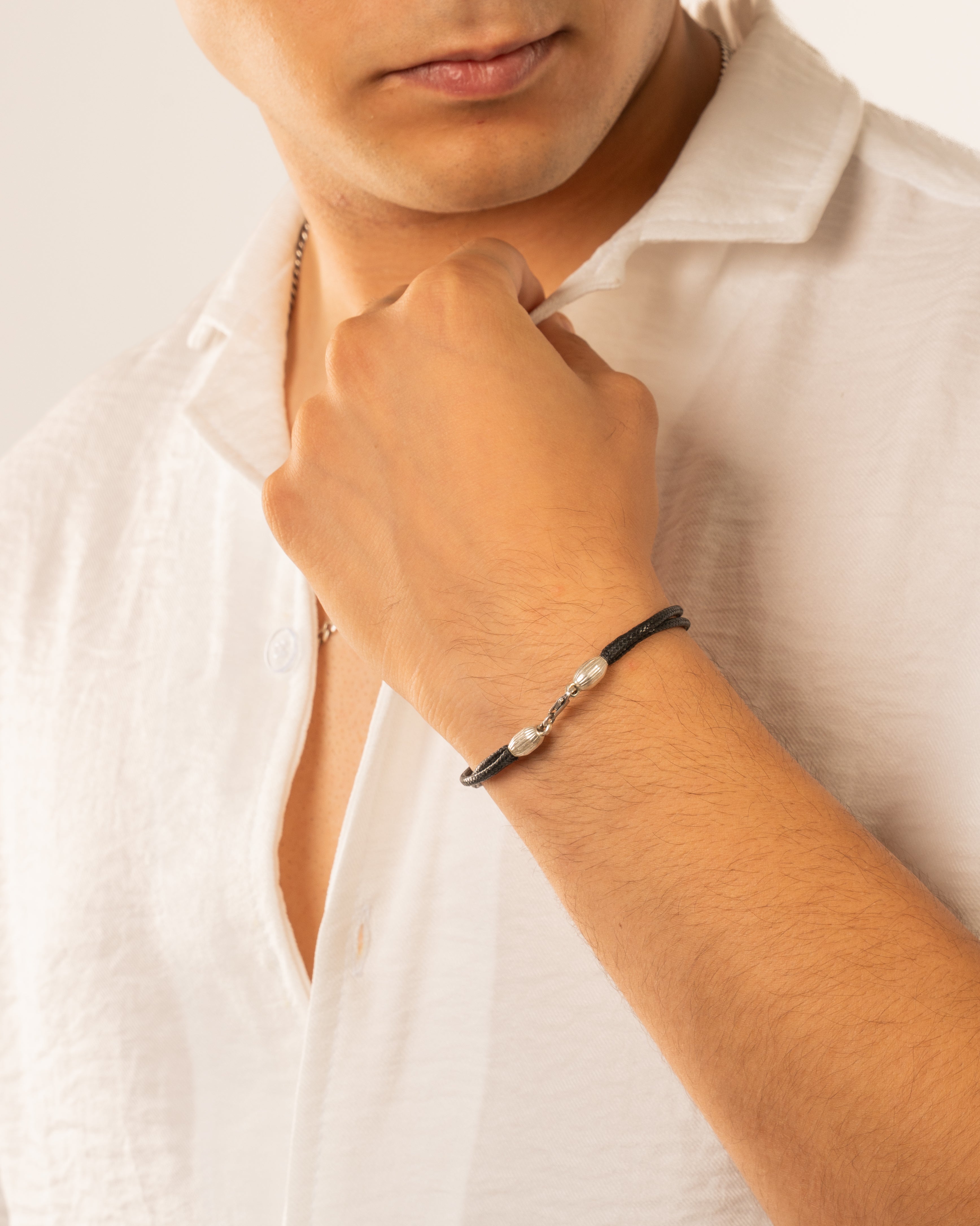 Handmade Black Leather Bracelet with Silver Hands (2 layers) - Image 2