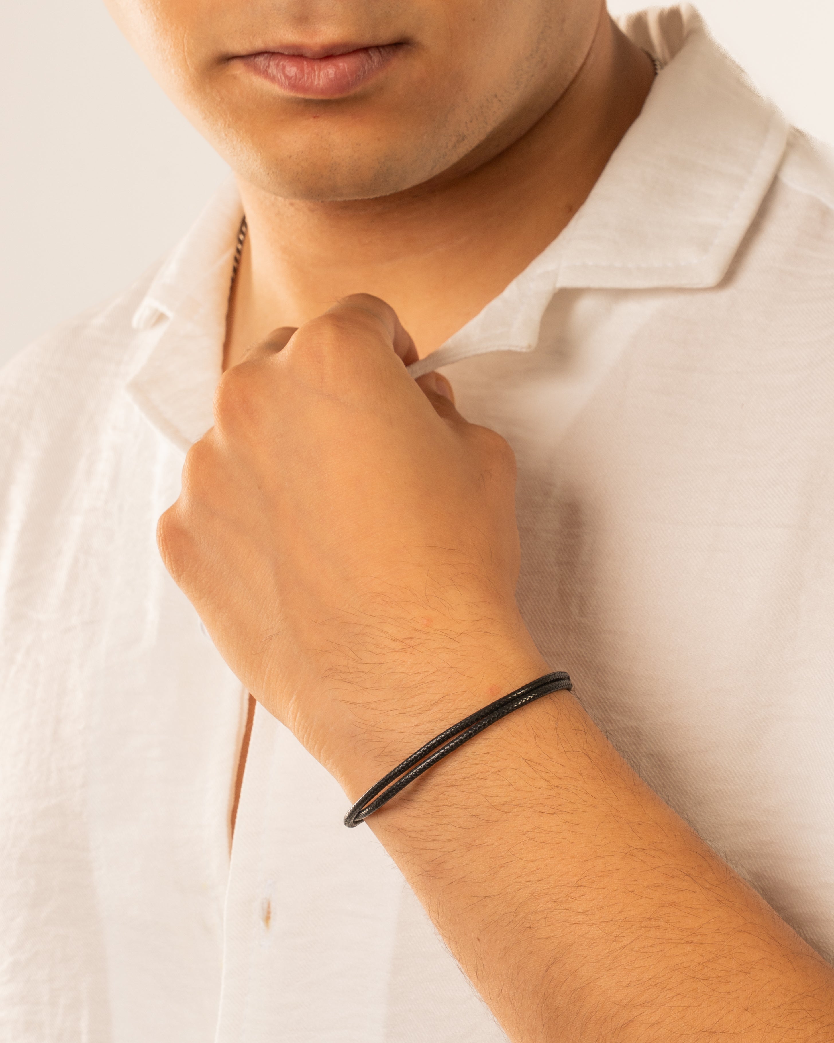 Handmade Black Leather Bracelet with Silver Hands (2 layers) - Image 3