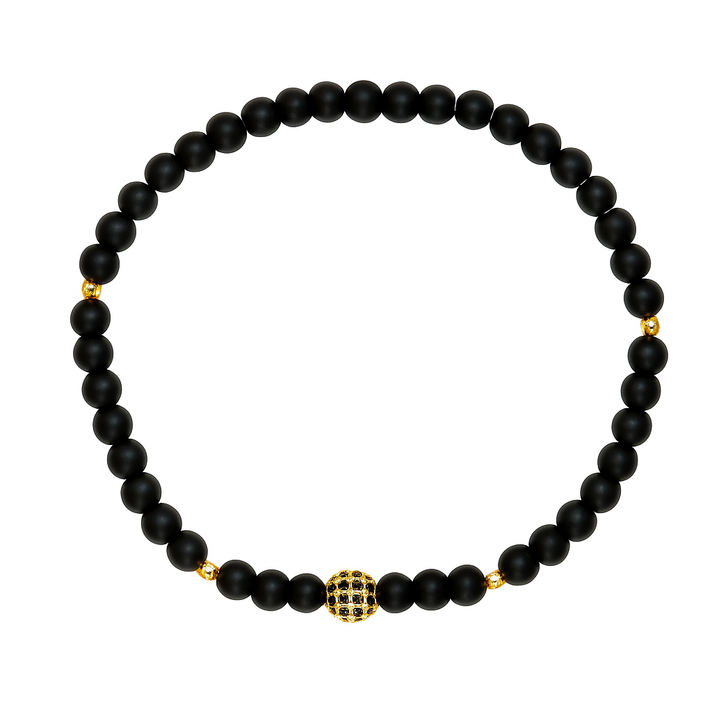 Handmade Black Beaded Bracelet with Gold Accents