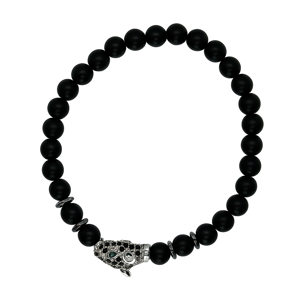 Handmade Black Beaded Bracelet with Silver Leopard Charm