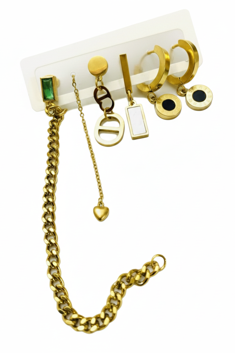 Luxe Amulet Collection: 6-Piece Gold Stainless Steel Earring Set