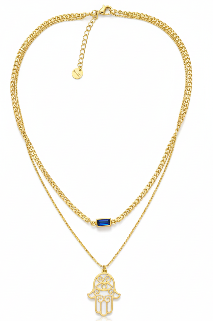 Hamsa & Sapphire-Blue Gem Layered Necklace