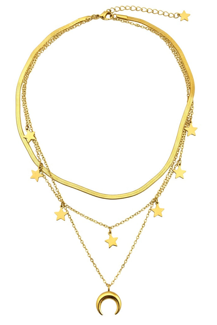 Triple-Layered Gold Star & Moon Necklace