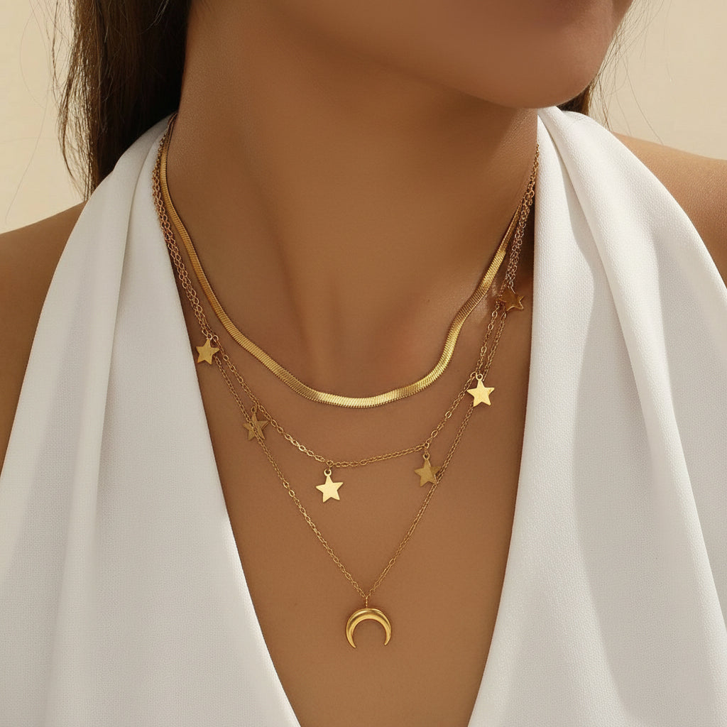 Triple-Layered Gold Star & Moon Necklace - Image 2