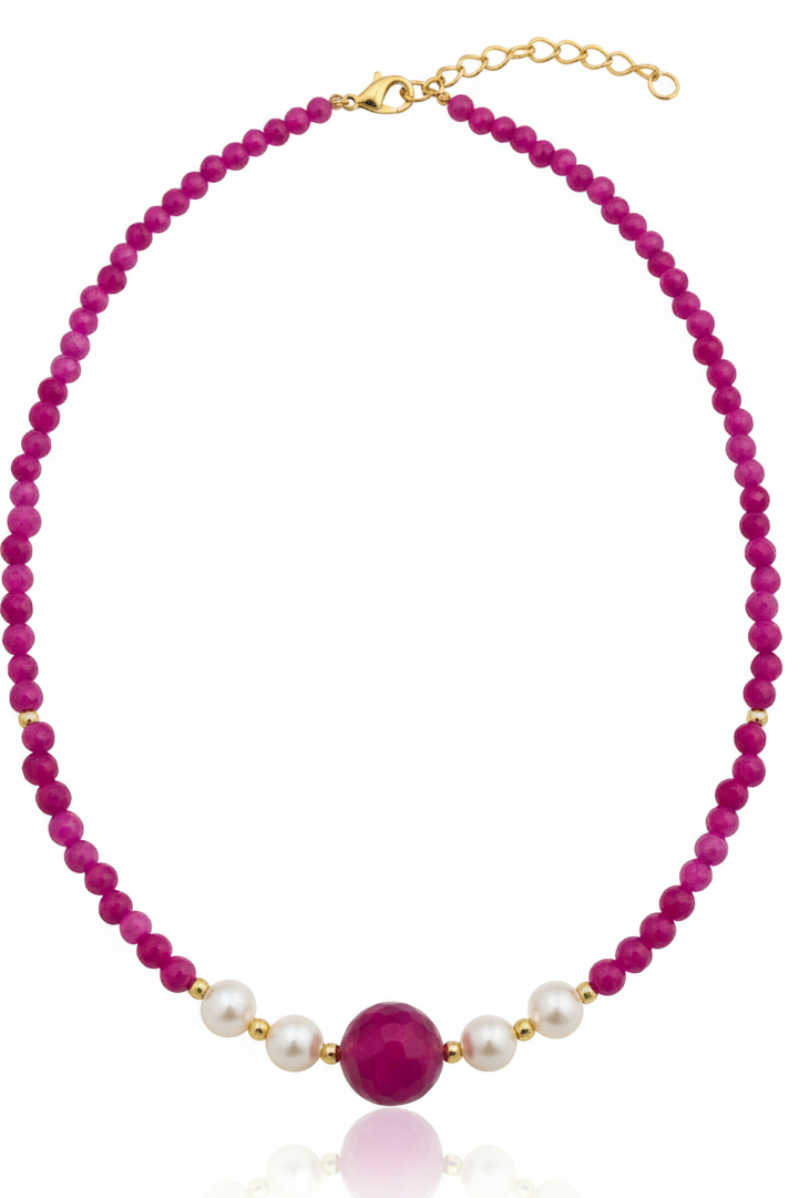 Handmade Fuchsia Agate & Pearl Choker Necklace